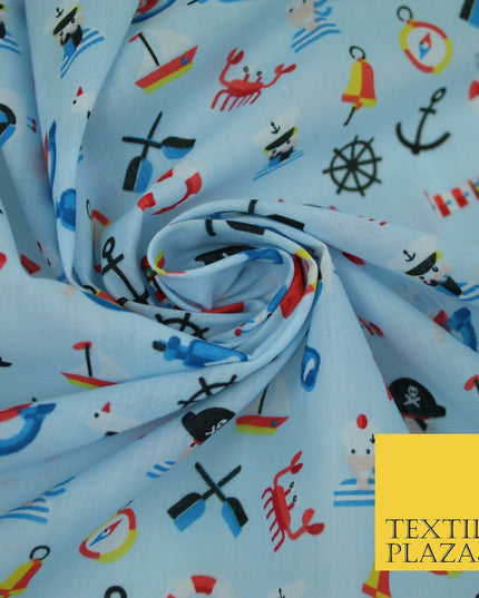 Kids Pirate Sailor Sea Anchor Nautical Printed Poly Cotton Fabric Polycotton 44"