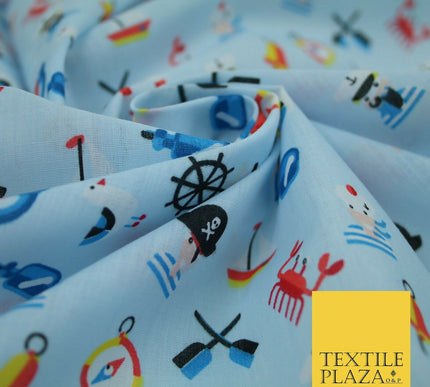 Kids Pirate Sailor Sea Anchor Nautical Printed Poly Cotton Fabric Polycotton 44"