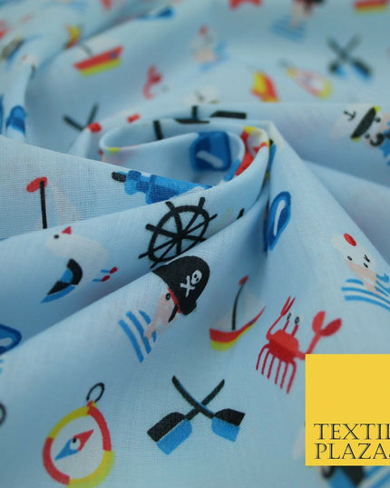 Kids Pirate Sailor Sea Anchor Nautical Printed Poly Cotton Fabric Polycotton 44"