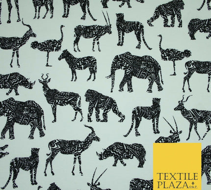 White Black SAFARI ANIMALS Elephant Leopard Tiger Canvas Print Fabric 56" 4122