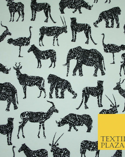 White Black SAFARI ANIMALS Elephant Leopard Tiger Canvas Print Fabric 56" 4122