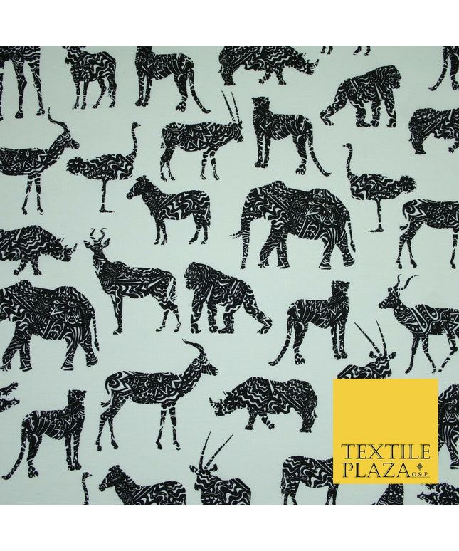White Black SAFARI ANIMALS Elephant Leopard Tiger Canvas Print Fabric 56" 4122