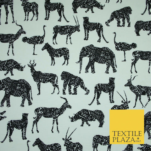 White Black SAFARI ANIMALS Elephant Leopard Tiger Canvas Print Fabric 56" 4122