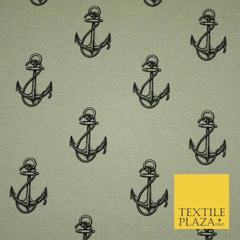 Natural Beige Black Classic Rope Anchor Printed Cotton Mix Canvas Fabric 56"4123