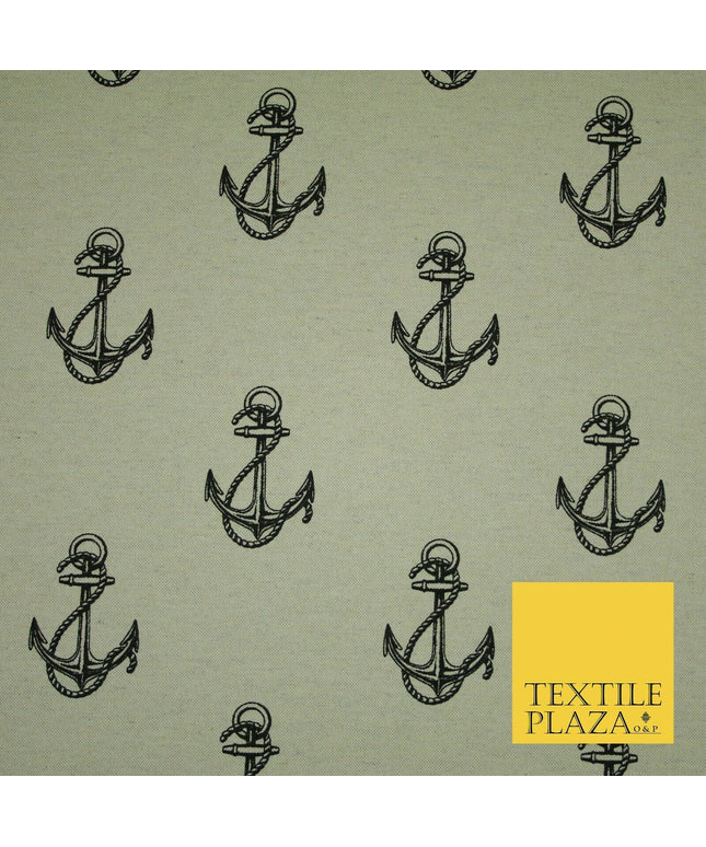 Natural Beige Black Classic Rope Anchor Printed Cotton Mix Canvas Fabric 56"4123