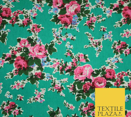 Sea Green Pink Floral Cluster Bouquets Printed Cotton Canvas Fabric 58" 4126