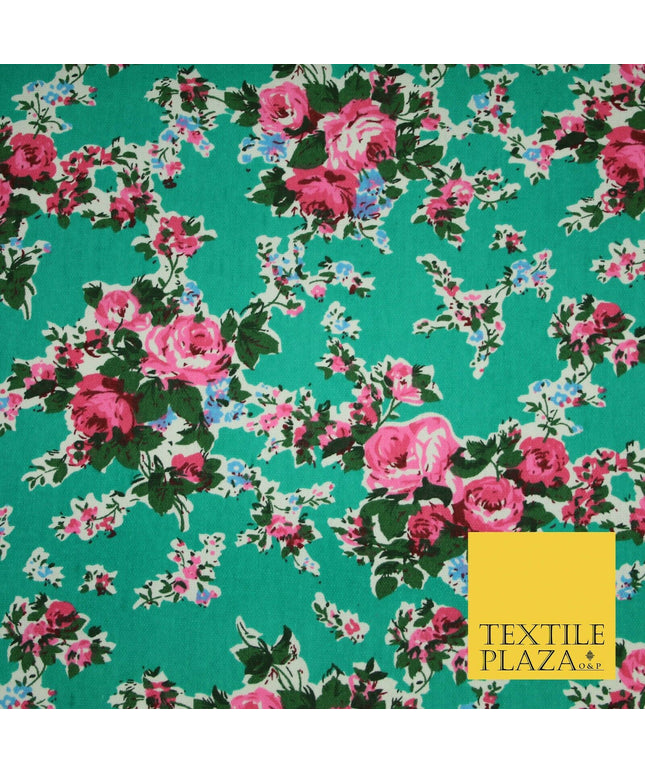 Sea Green Pink Floral Cluster Bouquets Printed Cotton Canvas Fabric 58" 4126