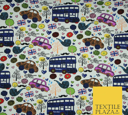 White LONDON Theme Bus Taxi Union Jack Printed Cotton Canvas Fabric 58" 4135