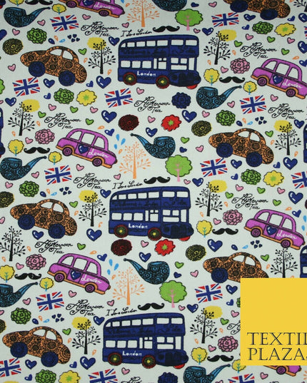 White LONDON Theme Bus Taxi Union Jack Printed Cotton Canvas Fabric 58" 4135