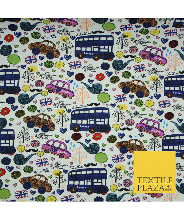White LONDON Theme Bus Taxi Union Jack Printed Cotton Canvas Fabric 58" 4135