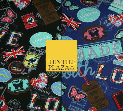 LOVE LONDON Stamp Tag Heart Union Jack Novelty Printed Cotton Canvas Fabric 58"