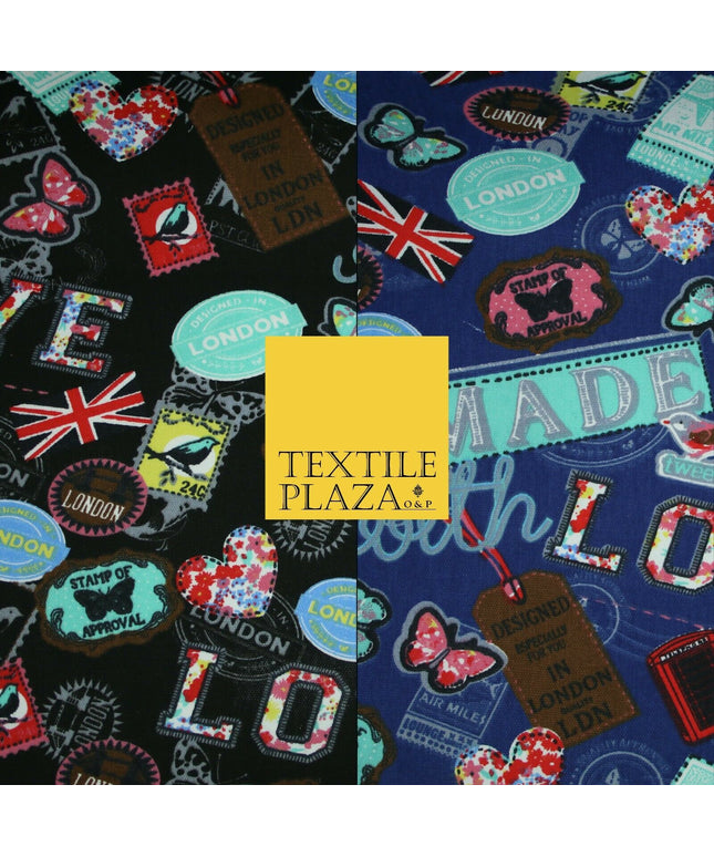 LOVE LONDON Stamp Tag Heart Union Jack Novelty Printed Cotton Canvas Fabric 58"