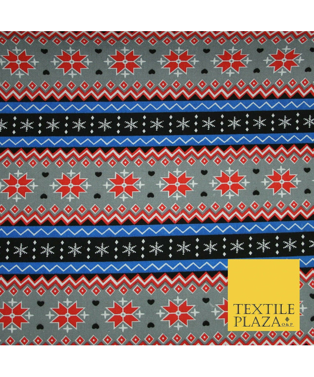 Grey Red Black Wacky Fair Isle Zig Zag Stripe Printed Cotton Canvas Fabric 4133