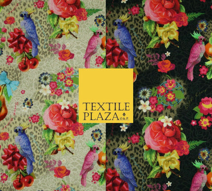 Colourful Floral Rose Parrots Bows Leopard Printed 100% Cotton Canvas Fabric 56"