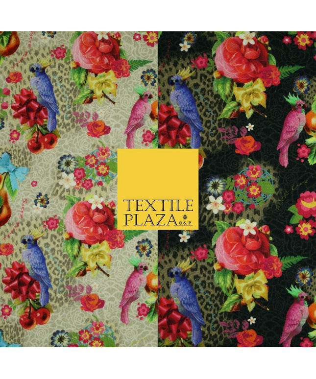 Colourful Floral Rose Parrots Bows Leopard Printed 100% Cotton Canvas Fabric 56"