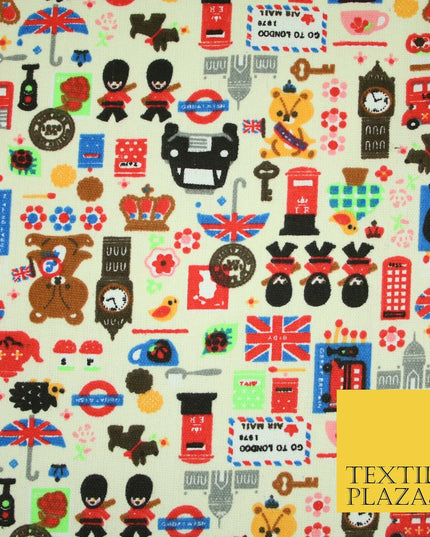 Cream LONDON Taxi Union Jack Stamp Novelty Printed Cotton Canvas Fabric 59" 4132