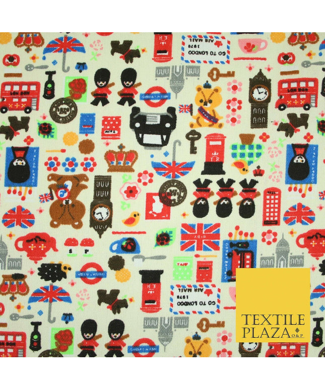 Cream LONDON Taxi Union Jack Stamp Novelty Printed Cotton Canvas Fabric 59" 4132
