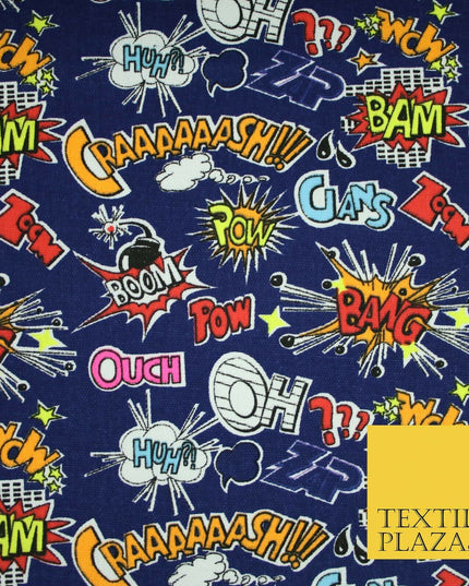 Blue Comic Book Sound Effect OUCH BOOM POW Printed Cotton Canvas Fabric 59" 4131