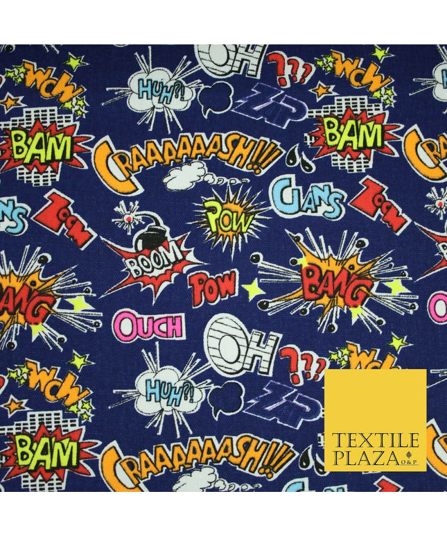 Blue Comic Book Sound Effect OUCH BOOM POW Printed Cotton Canvas Fabric 59" 4131