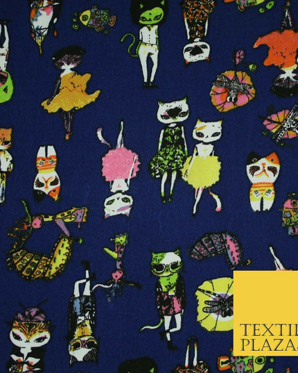 Navy Blue Dressed Up Animals Trendy Cats Printed Cotton Canvas Fabric 59" 4130