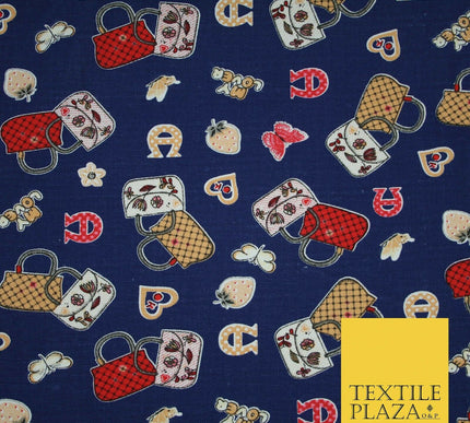 Navy Blue Handbag Love Horseshoe Hearts Printed Cotton Canvas Fabric 58" 4134
