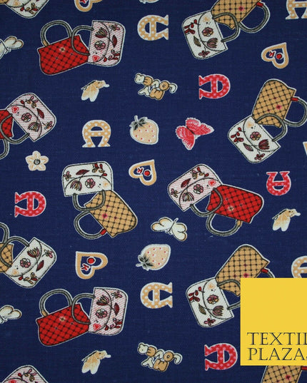 Navy Blue Handbag Love Horseshoe Hearts Printed Cotton Canvas Fabric 58" 4134