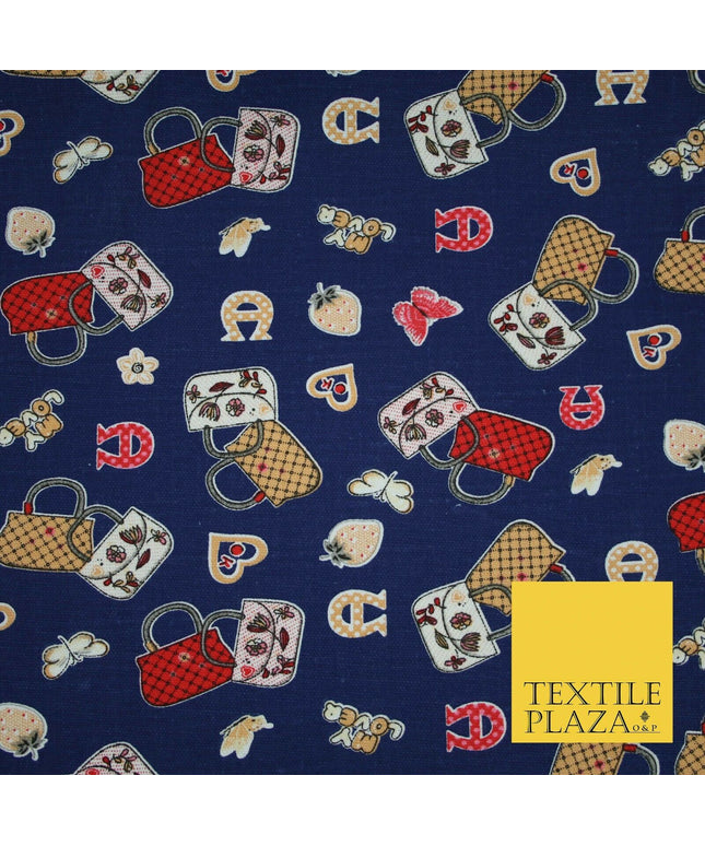 Navy Blue Handbag Love Horseshoe Hearts Printed Cotton Canvas Fabric 58" 4134
