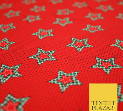 Red Green Patchwork Gingham Check Stars Pin Dot Printed 100% Cotton Fabric 54"