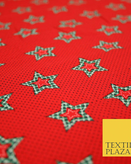 Red Green Patchwork Gingham Check Stars Pin Dot Printed 100% Cotton Fabric 54"