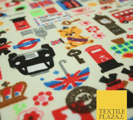 Cream LONDON Taxi Union Jack Stamp Novelty Printed Cotton Canvas Fabric 59" 4132
