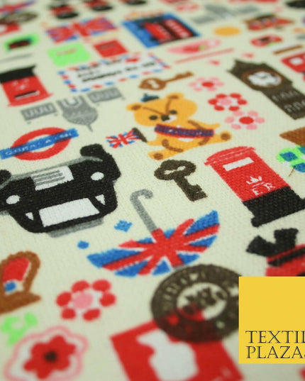 Cream LONDON Taxi Union Jack Stamp Novelty Printed Cotton Canvas Fabric 59" 4132