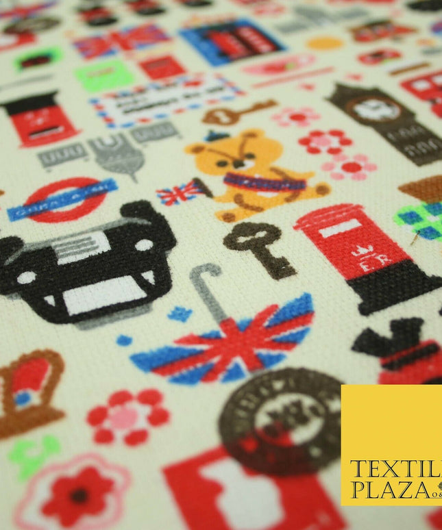 Cream LONDON Taxi Union Jack Stamp Novelty Printed Cotton Canvas Fabric 59" 4132
