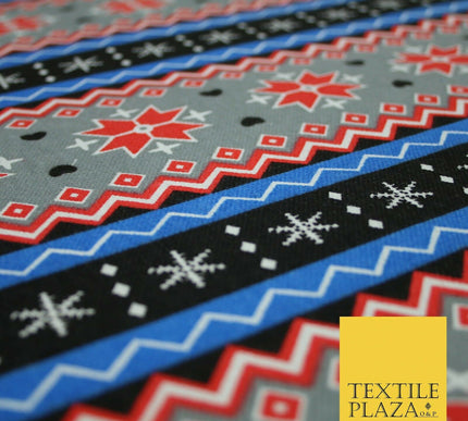 Grey Red Black Wacky Fair Isle Zig Zag Stripe Printed Cotton Canvas Fabric 4133