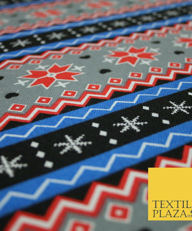 Grey Red Black Wacky Fair Isle Zig Zag Stripe Printed Cotton Canvas Fabric 4133