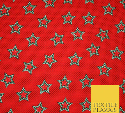 Red Green Patchwork Gingham Check Stars Pin Dot Printed 100% Cotton Fabric 54"