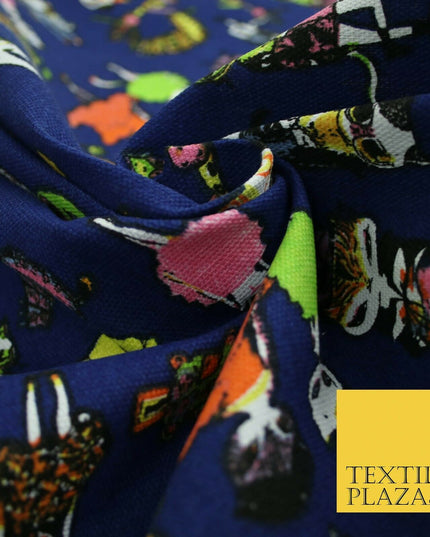 Navy Blue Dressed Up Animals Trendy Cats Printed Cotton Canvas Fabric 59" 4130