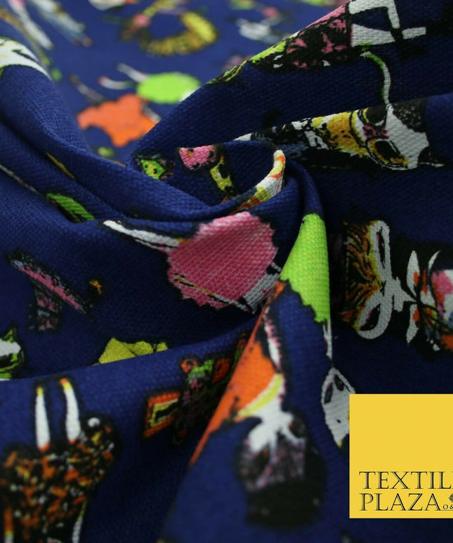 Navy Blue Dressed Up Animals Trendy Cats Printed Cotton Canvas Fabric 59" 4130