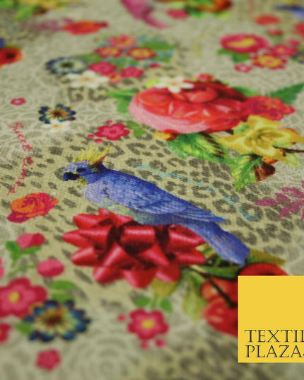 Colourful Floral Rose Parrots Bows Leopard Printed 100% Cotton Canvas Fabric 56"