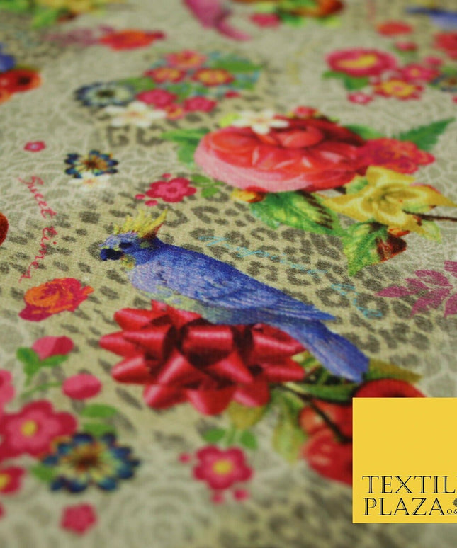 Colourful Floral Rose Parrots Bows Leopard Printed 100% Cotton Canvas Fabric 56"
