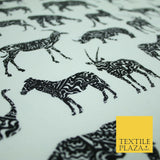 White Black SAFARI ANIMALS Elephant Leopard Tiger Canvas Print Fabric 56" 4122