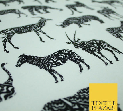 White Black SAFARI ANIMALS Elephant Leopard Tiger Canvas Print Fabric 56" 4122