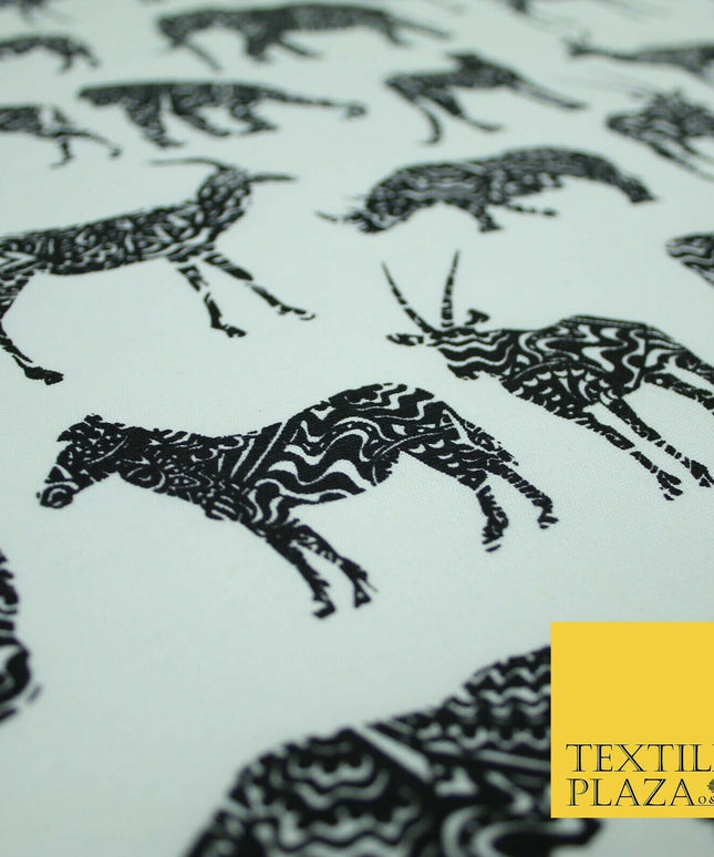White Black SAFARI ANIMALS Elephant Leopard Tiger Canvas Print Fabric 56" 4122