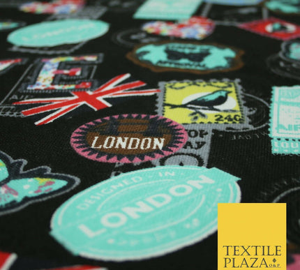 LOVE LONDON Stamp Tag Heart Union Jack Novelty Printed Cotton Canvas Fabric 58"