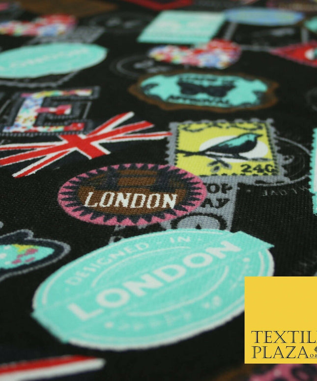LOVE LONDON Stamp Tag Heart Union Jack Novelty Printed Cotton Canvas Fabric 58"