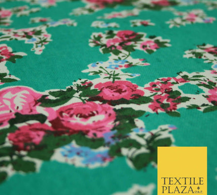 Sea Green Pink Floral Cluster Bouquets Printed Cotton Canvas Fabric 58" 4126