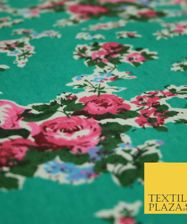 Sea Green Pink Floral Cluster Bouquets Printed Cotton Canvas Fabric 58" 4126