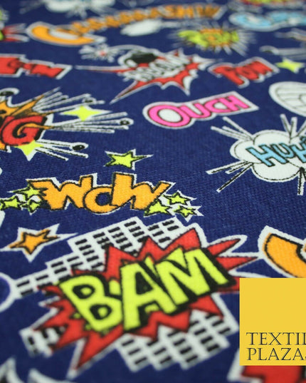 Blue Comic Book Sound Effect OUCH BOOM POW Printed Cotton Canvas Fabric 59" 4131