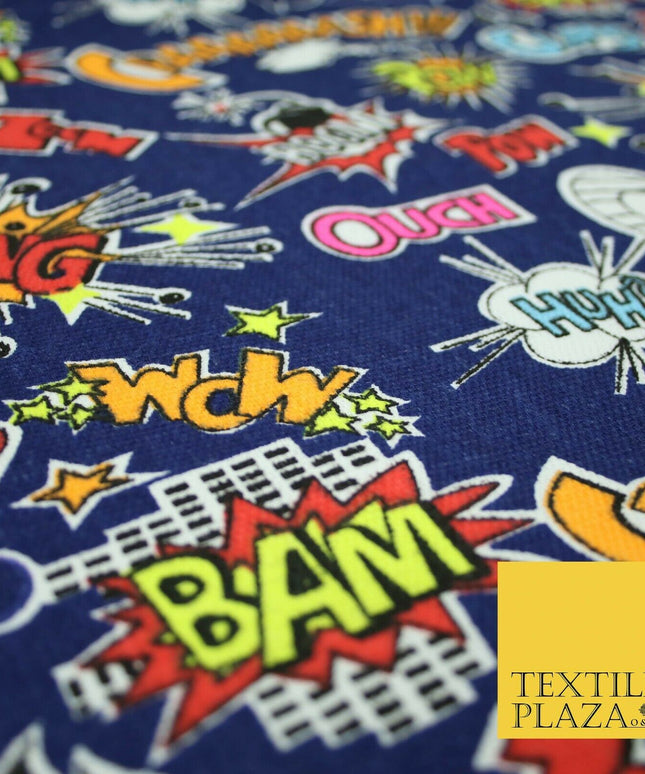 Blue Comic Book Sound Effect OUCH BOOM POW Printed Cotton Canvas Fabric 59" 4131