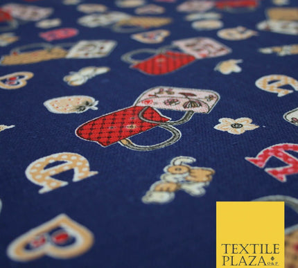 Navy Blue Handbag Love Horseshoe Hearts Printed Cotton Canvas Fabric 58" 4134