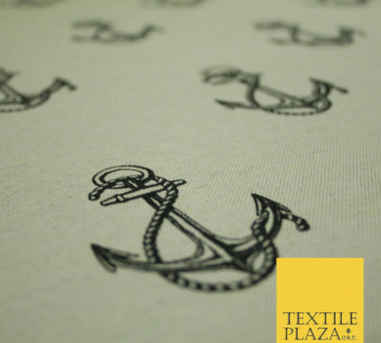 Natural Beige Black Classic Rope Anchor Printed Cotton Mix Canvas Fabric 56"4123